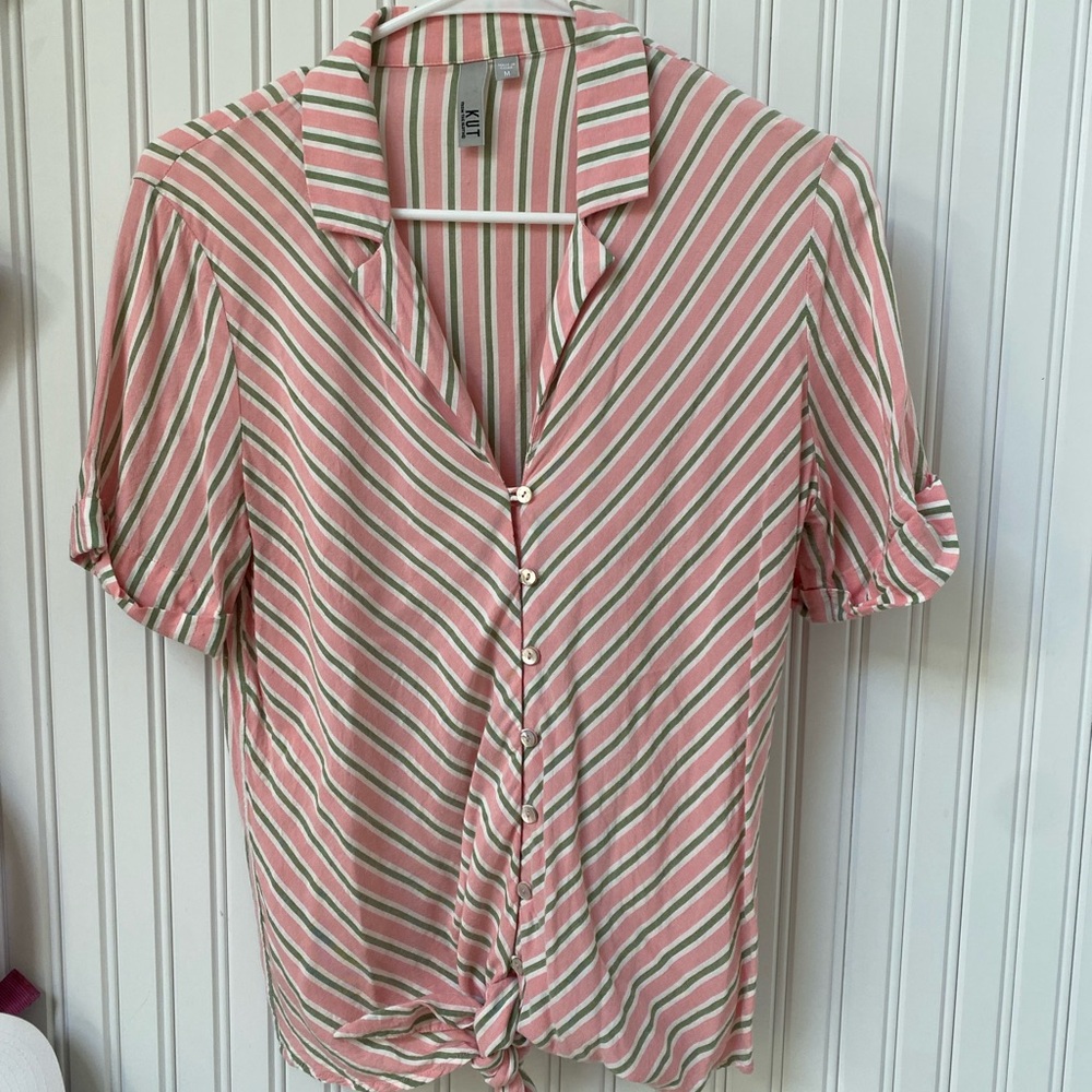 Kut from the Kloth Pink, Green & White Striped Button-Down Shirt